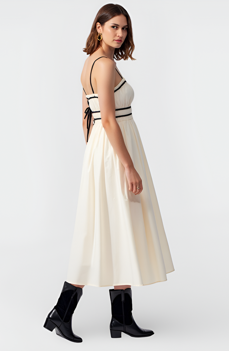 Modenaire Smocked Waist Midi Dress with Contrast Trim and Spaghetti Straps, Alternate, color, Ivory / Black