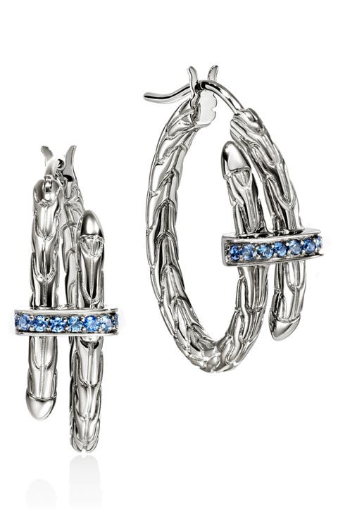 Spear Hoop Earrings, Sterling Silver, Sapphires