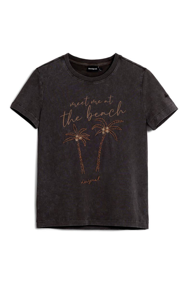 At the Beach Embroidered Cotton T-Shirt, Alternate, color, BLACK