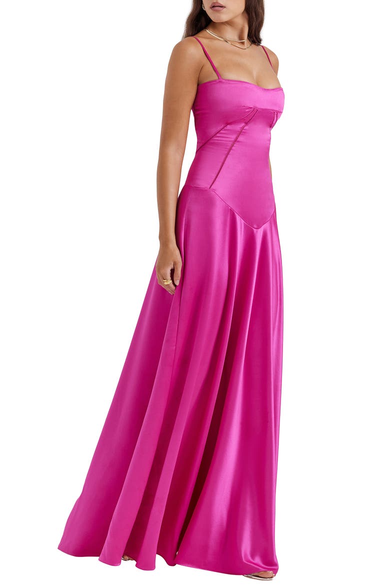 Anabella Lace-Up Satin Gown, Alternate, color, FUSCHIA