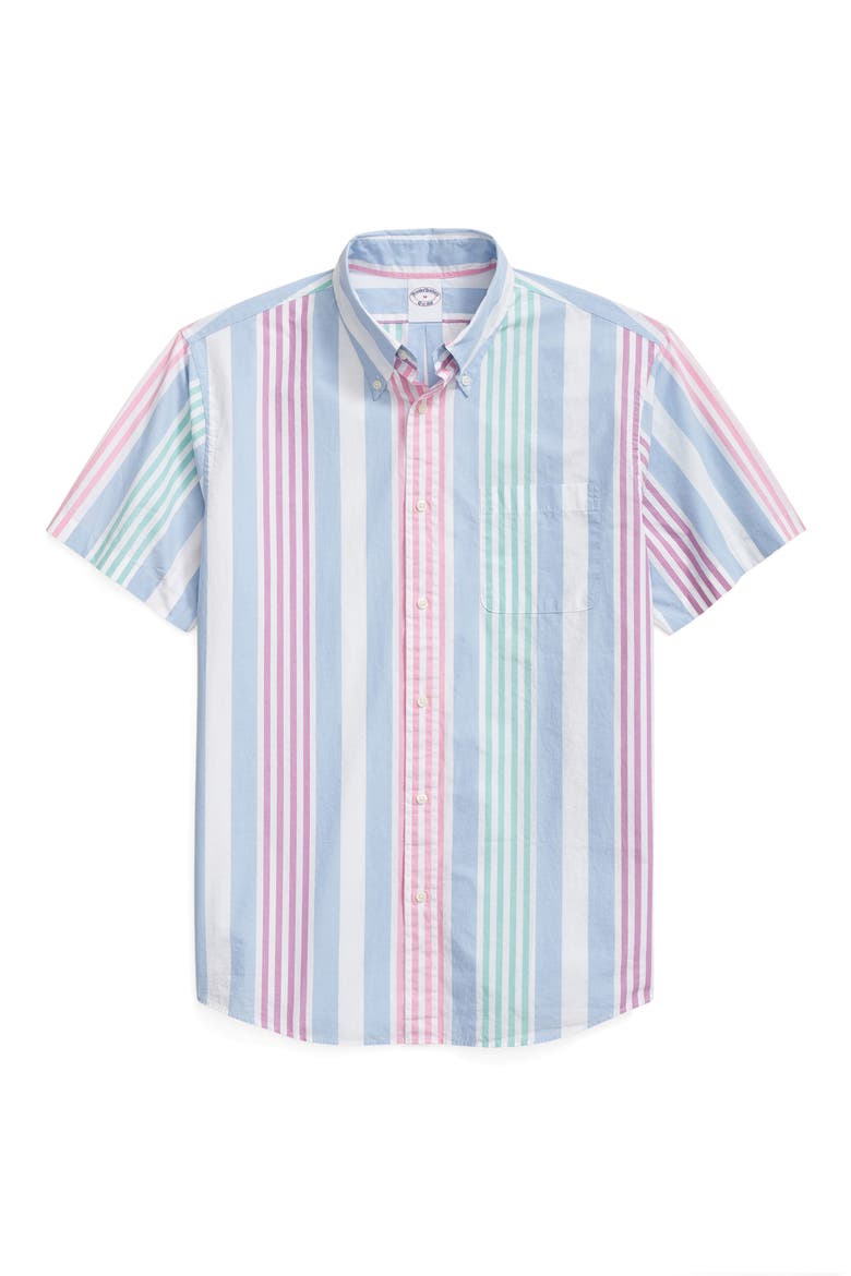 Friday Regular Fit Stripe Short Sleeve Cotton Poplin Button-Down Shirt, Main, color, LIGHT/ PASTEL BLUE
