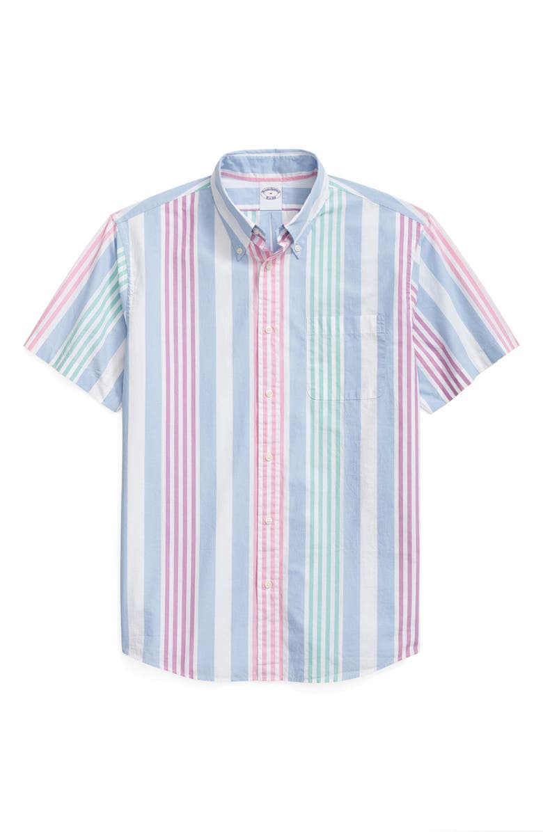 Brooks Brothers Friday Regular Fit Stripe Short Sleeve Cotton Poplin Button-Down Shirt, Main, color, Light/ Pastel Blue