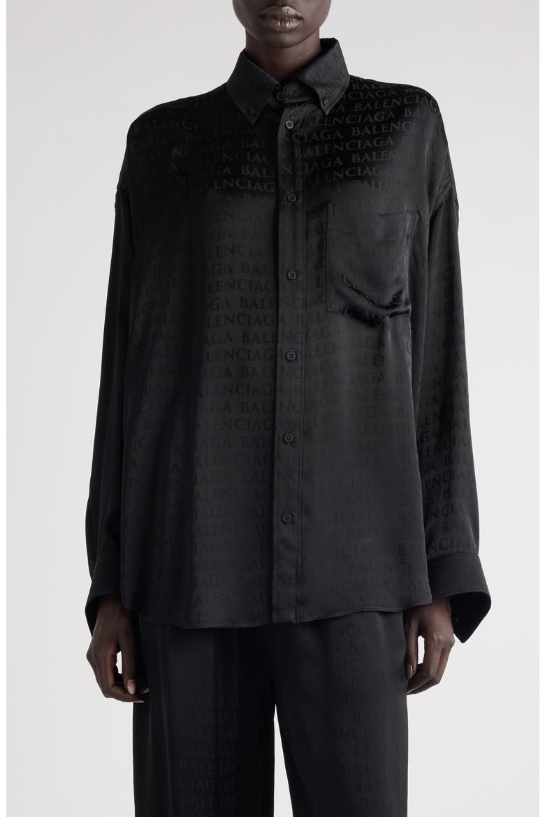 Cocoon Logo Jacquard Oversize Satin Button-Up Shirt, Main, color, 1000 BLACK