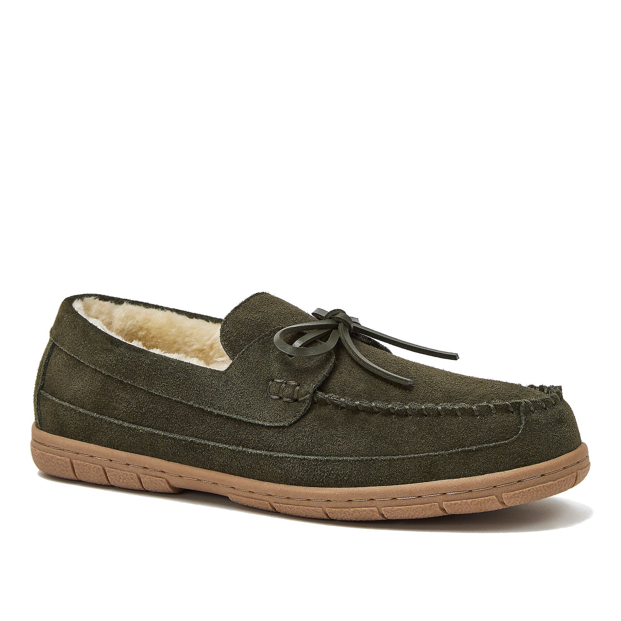 Fuzzy Lined Lace Up Moccasin Slippers, Main, color, Forest Moss Green