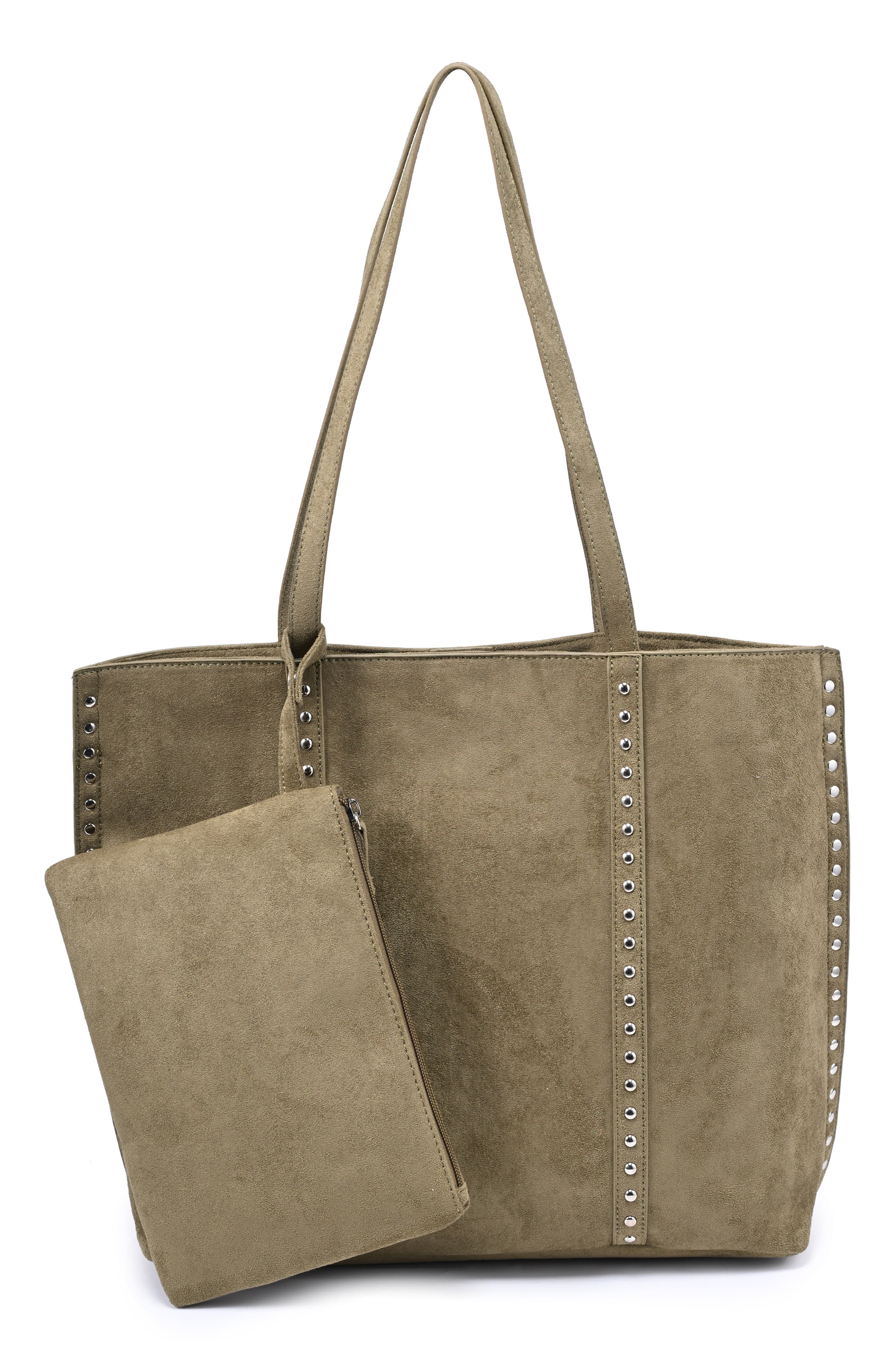 Faux Suede Tote with Pouch, Main, color, SAGE