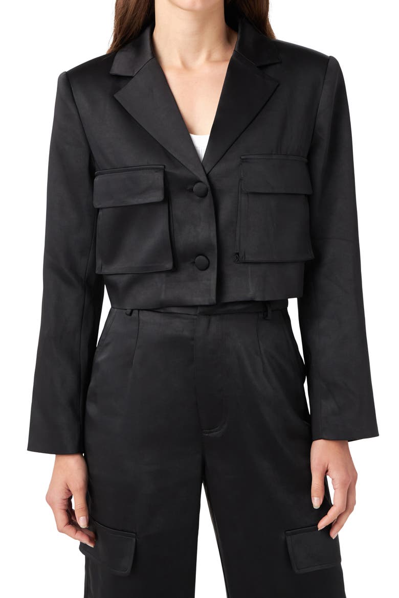 Crop Satin Blazer, Main, color, BLACK