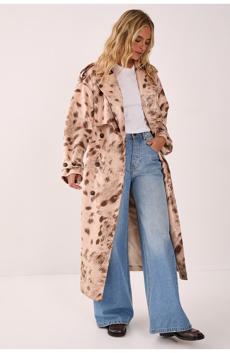 NASTY GAL Cow Print Faux Leather Trench Coat, Alternate, color, Cream