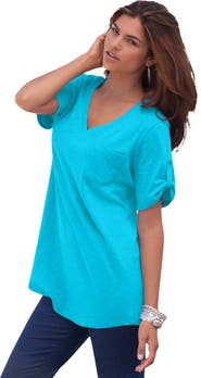 Roaman's Plus Size Slub V Neck Boyfriend Tunic Top