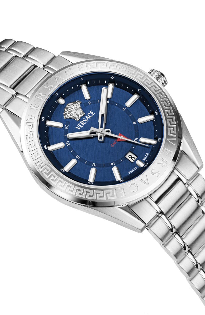Versace V-Code GMT Bracelet Watch, 42mm, Alternate, color, Silver