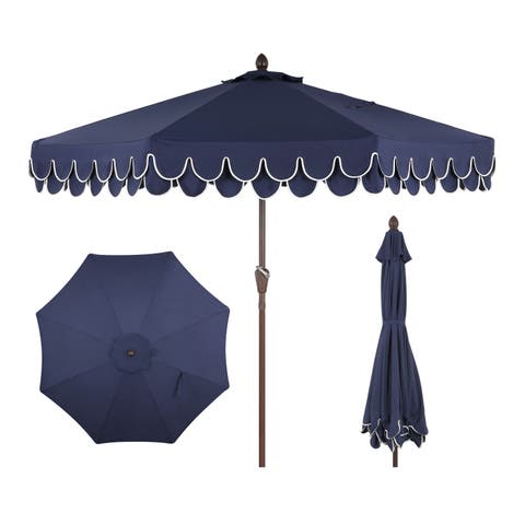 Tracy 9 ft. Classic MidCentury Scalloped Fringe Market Patio Umbrella with Auto-Tilt, Crank, Wind Vent and UV Protection