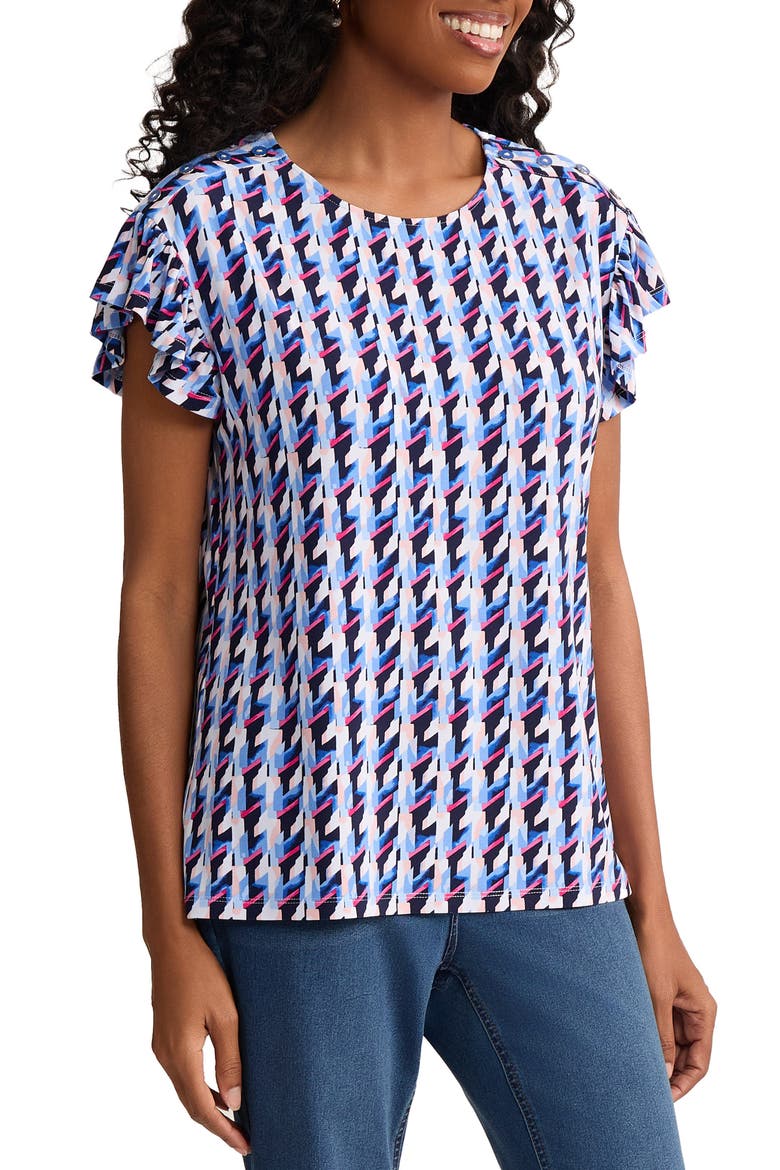 Houndstooth Flutter Sleeve Top, Alternate, color, PACIFIC NAVY MULTI