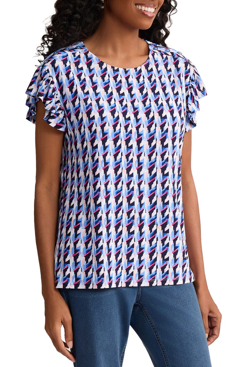 Jones New York Houndstooth Flutter Sleeve Top, Alternate, color, Pacific Navy Multi