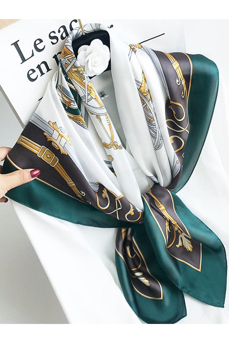 Pure Mulberry Silk Printed Square Shawl Scarf, Main, color, DarkGreen