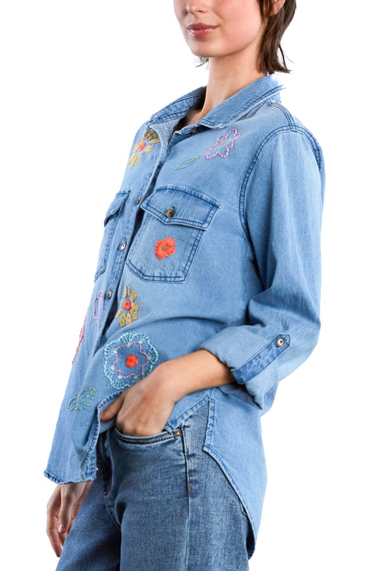 Happy Meadow Embroidered Denim Graphic Button-Up Shirt, Alternate, color, DENIM