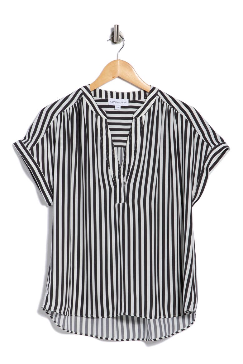 V-Neck Popover Top, Main, color, BLACK/ WHITE