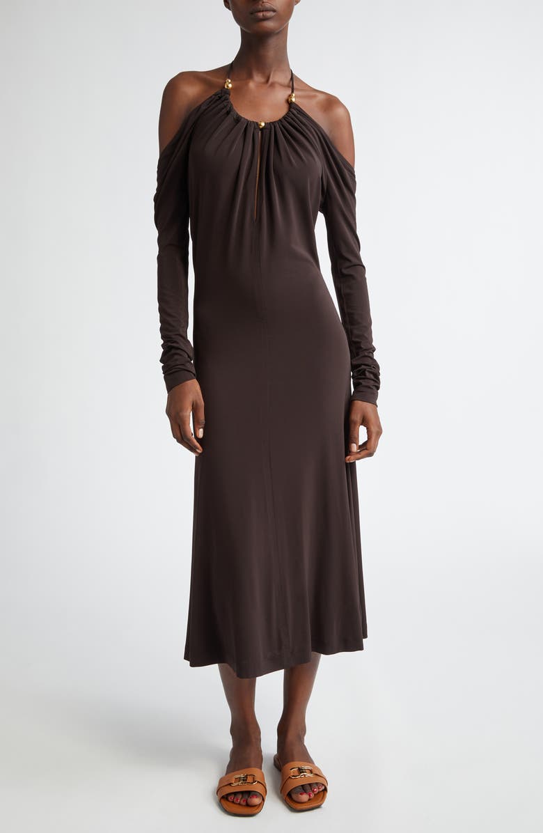 FERRAGAMO Cold Shoulder Long Sleeve Crepe Jersey Halter Dress, Main, color, 