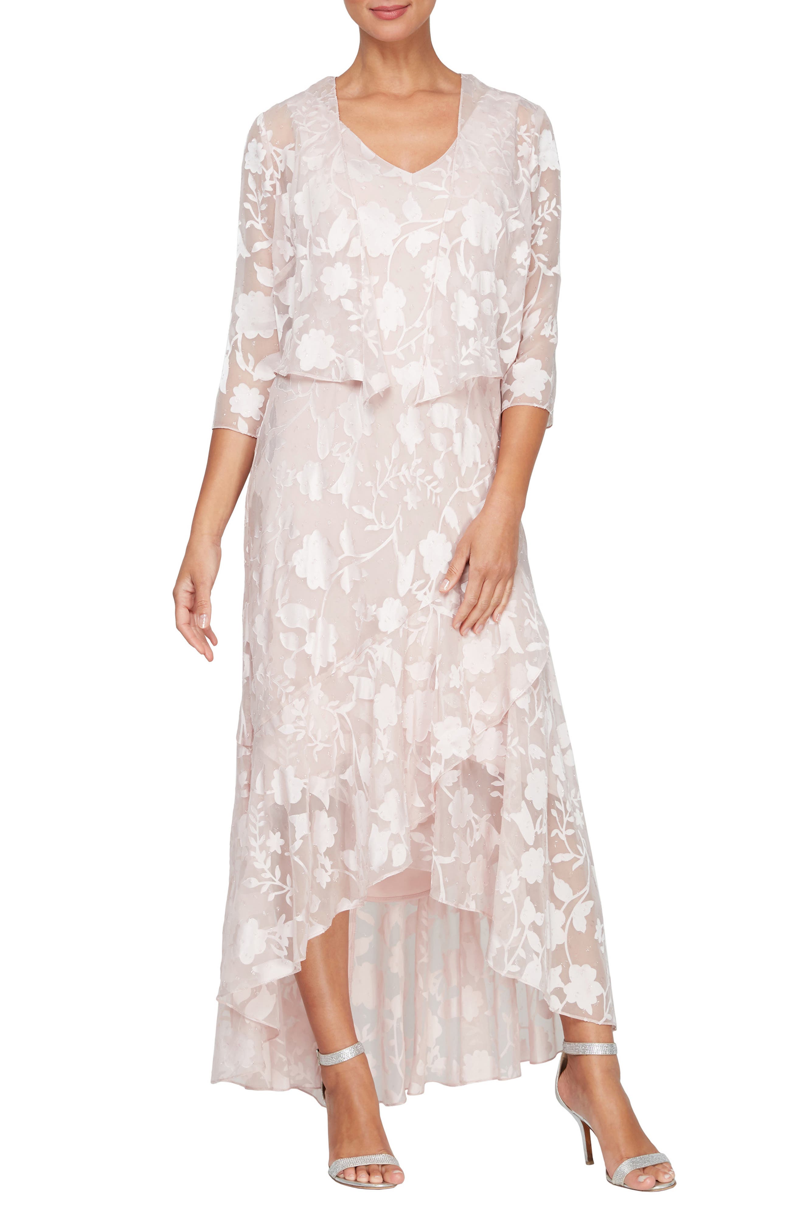 Alex Evenings Metallic Floral High-Low Chiffon Jacquard Midi Dress with Jacket