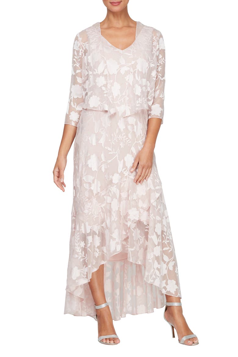 Metallic Floral High-Low Chiffon Jacquard Midi Dress with Jacket, Main, color, SHELL PINK