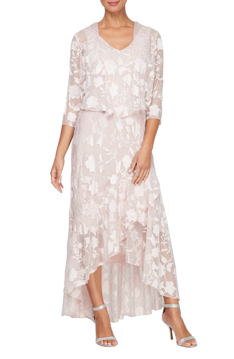 Alex Evenings Metallic Floral High-Low Chiffon Jacquard Midi Dress with Jacket, Main, color, Shell Pink