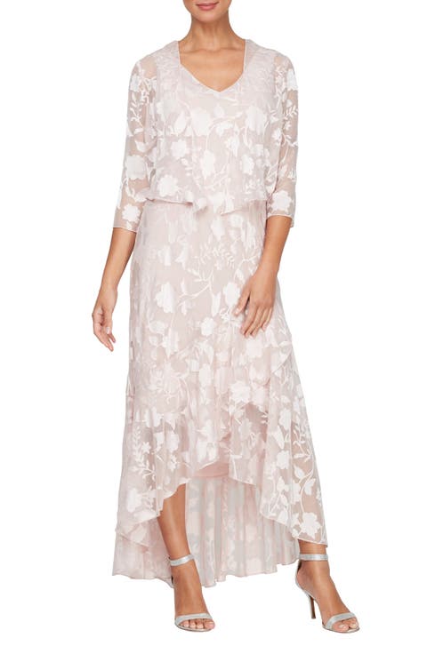Metallic Floral High-Low Chiffon Jacquard Midi Dress with Jacket