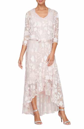 Alex Evenings Metallic Floral High-Low Chiffon Jacquard Midi Dress with Jacket