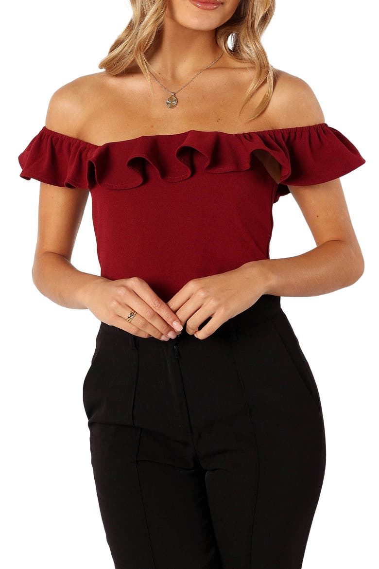 Mikaela Ruffle Bodysuit, Main, color, DARK RED