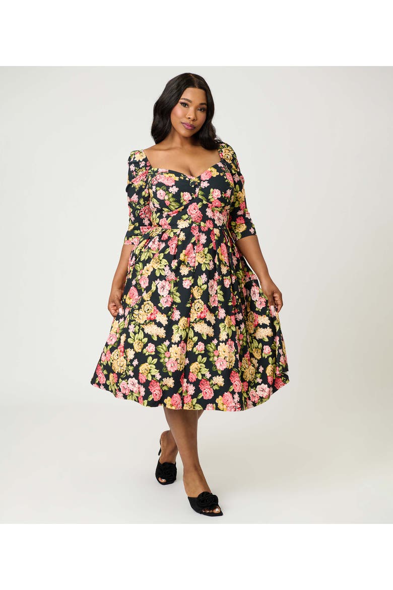 Plus Size Woven Sweetheart Neckline Lamar Swing Dress, Main, color, Black Floral Print