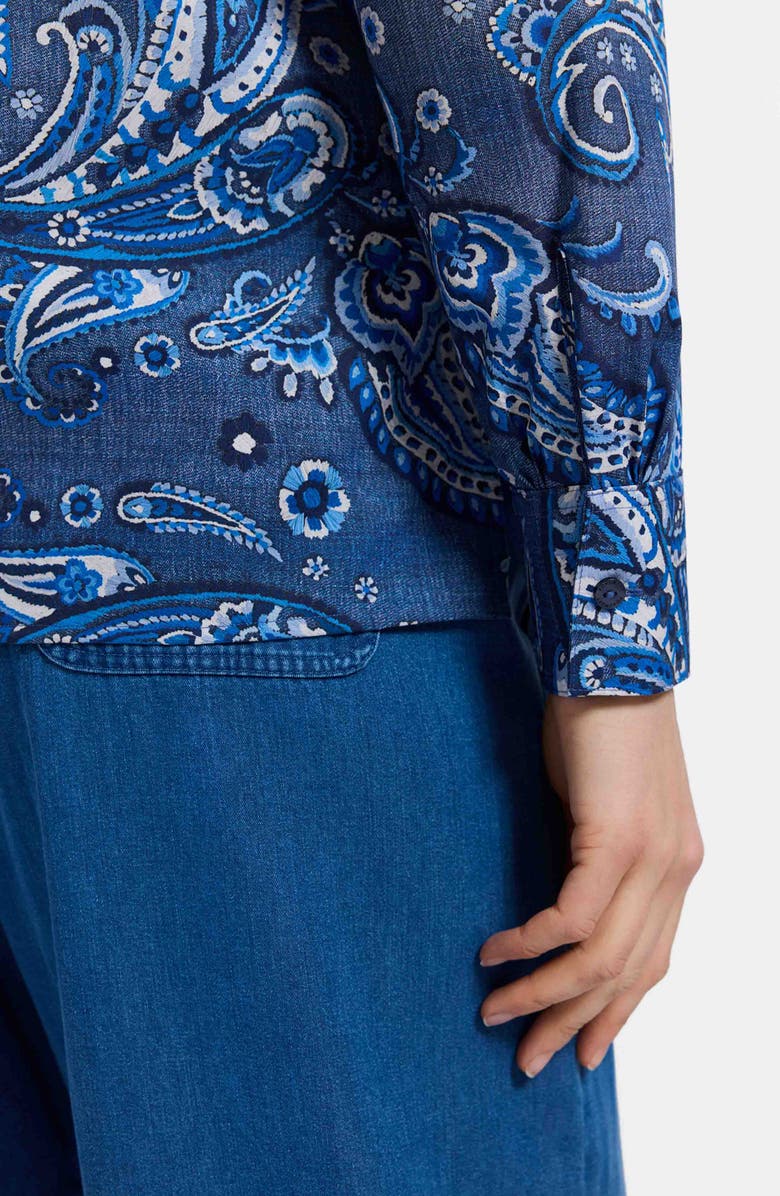 Foxcroft Sadie Paisley Ruffle Cotton Poplin Button-Up Shirt, Alternate, color, Blue/ Multi