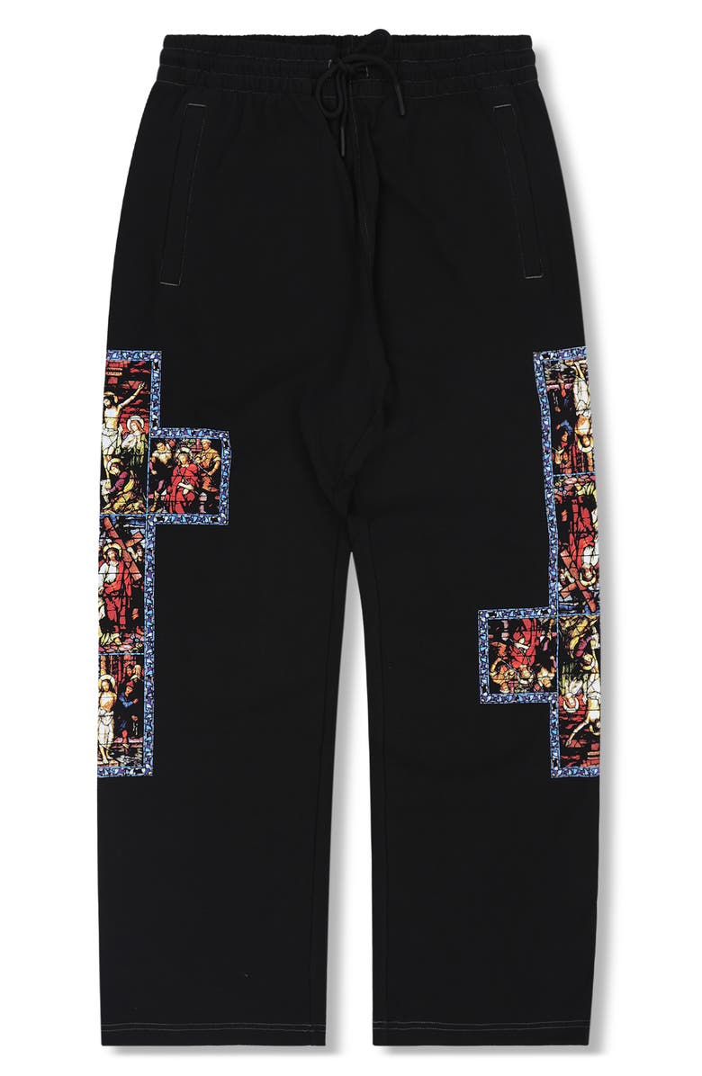PLEASURES Blasphemy Print Straight Leg Drawstring Sweatpants, Alternate, color, Black