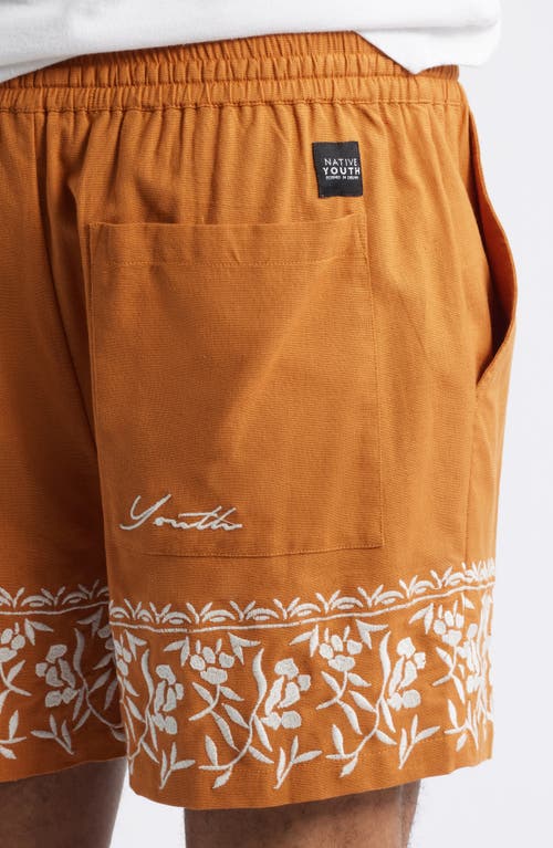 Native Youth Kingsley Regular Fit Embroidered Cotton & Linen Shorts In Rust