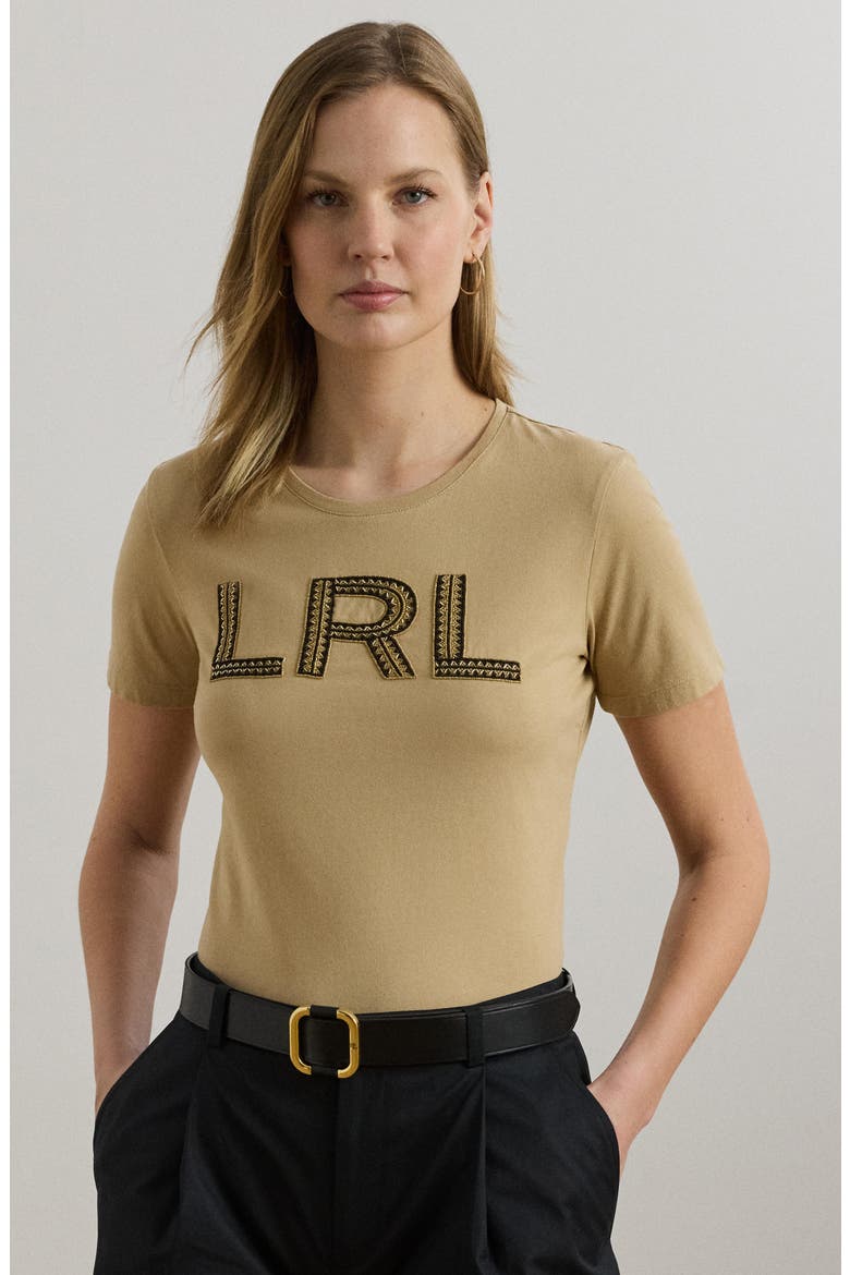 Embellished Cotton Jersey T-Shirt, Alternate, color, BIRCH TAN