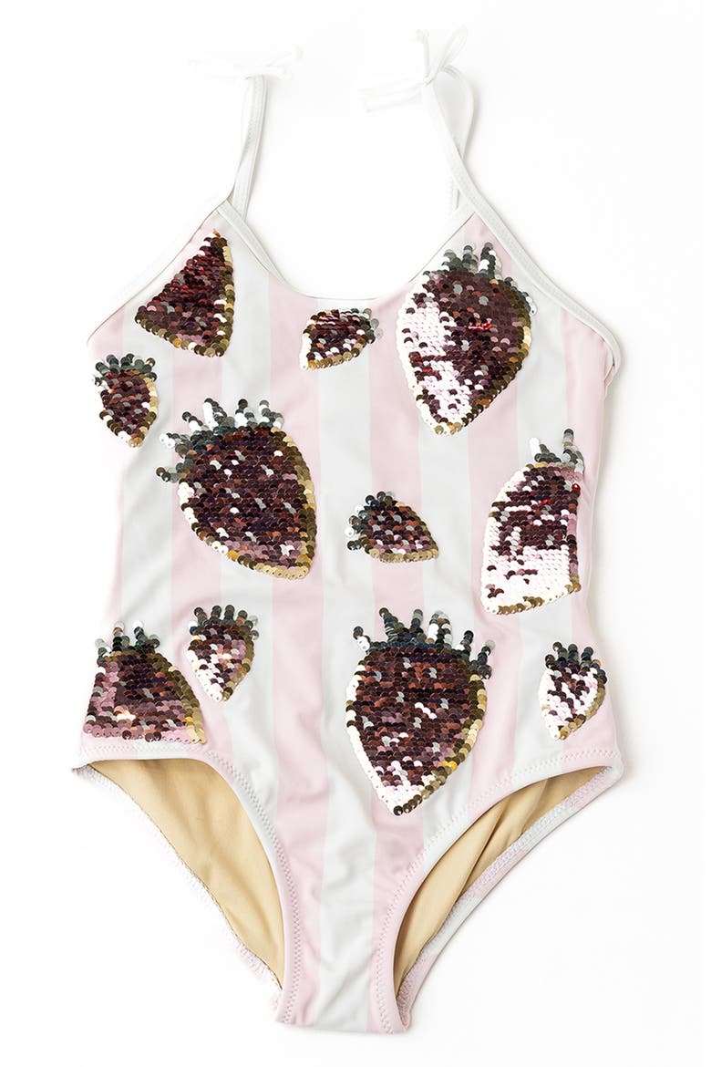 Kids' Summer Strawberry Sequin Stripe UPF 50+ One-Piece Swimsuit, Alternate, color, PINK