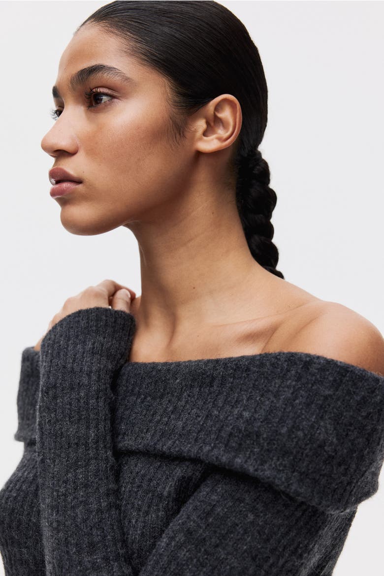 Rib-knit Off-the-shoulder Dress, Alternate, color, Dark gray melange