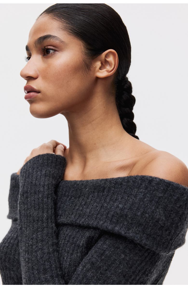 H&M Rib-knit Off-the-shoulder Dress, Alternate, color, Dark Gray Melange