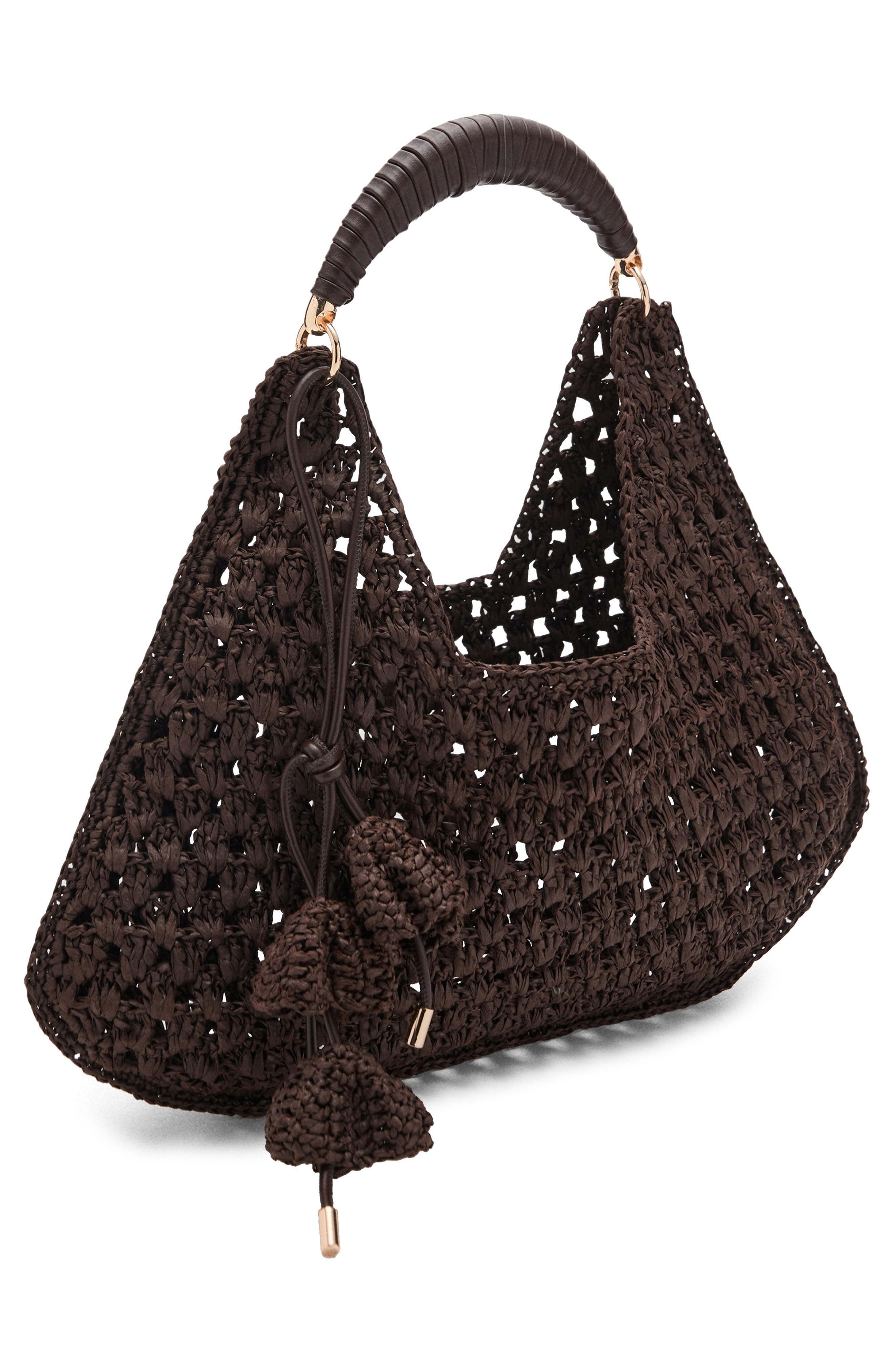 MANGO Flower Charm Knit Straw Tote, Alternate, color, Chocolate