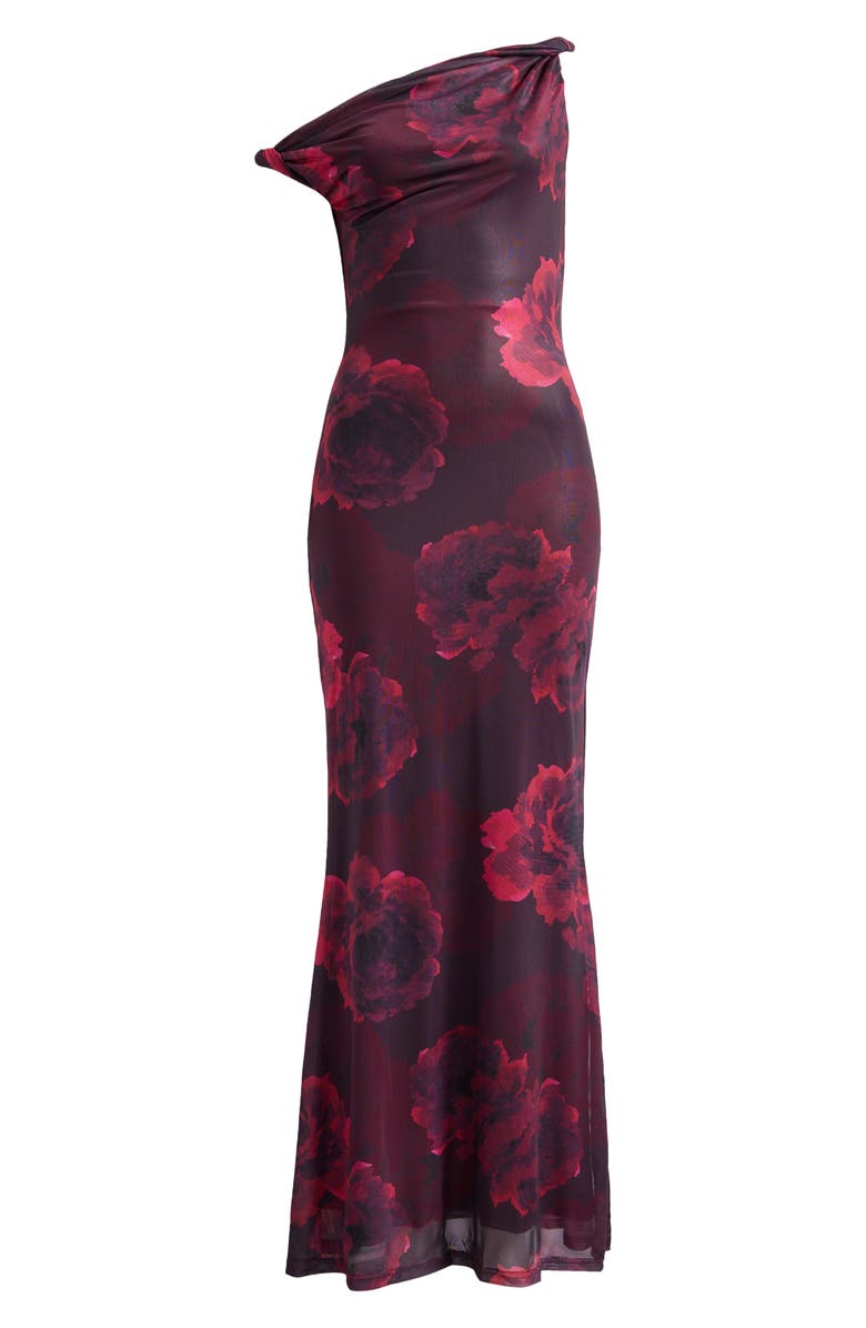 Lulus Mischa Twist Strap Mermaid Gown, Alternate, color, Burgundy Floral