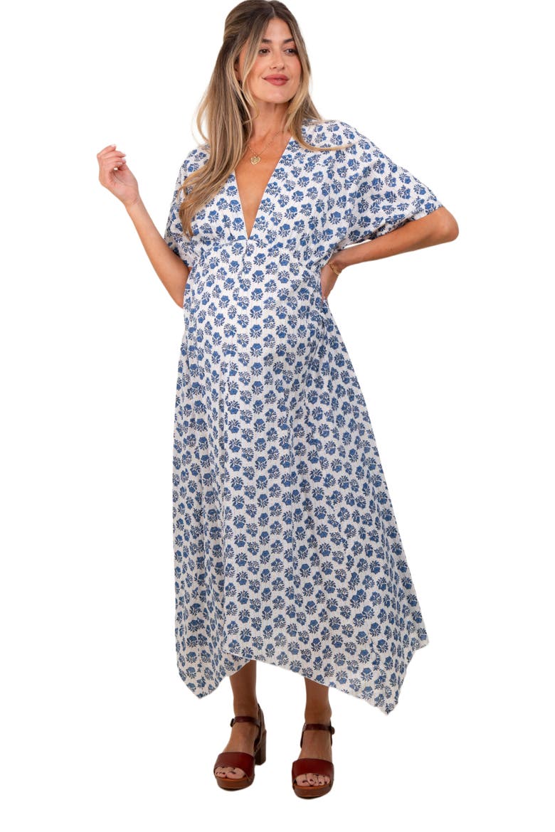 Floral Deep V-Neck Handkerchief Hem Maxi Dress, Main, color, Navy Blue