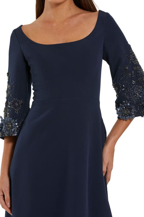Mac Duggal Navy Crepe Gown With Floral Embellished Sleeves In Blue