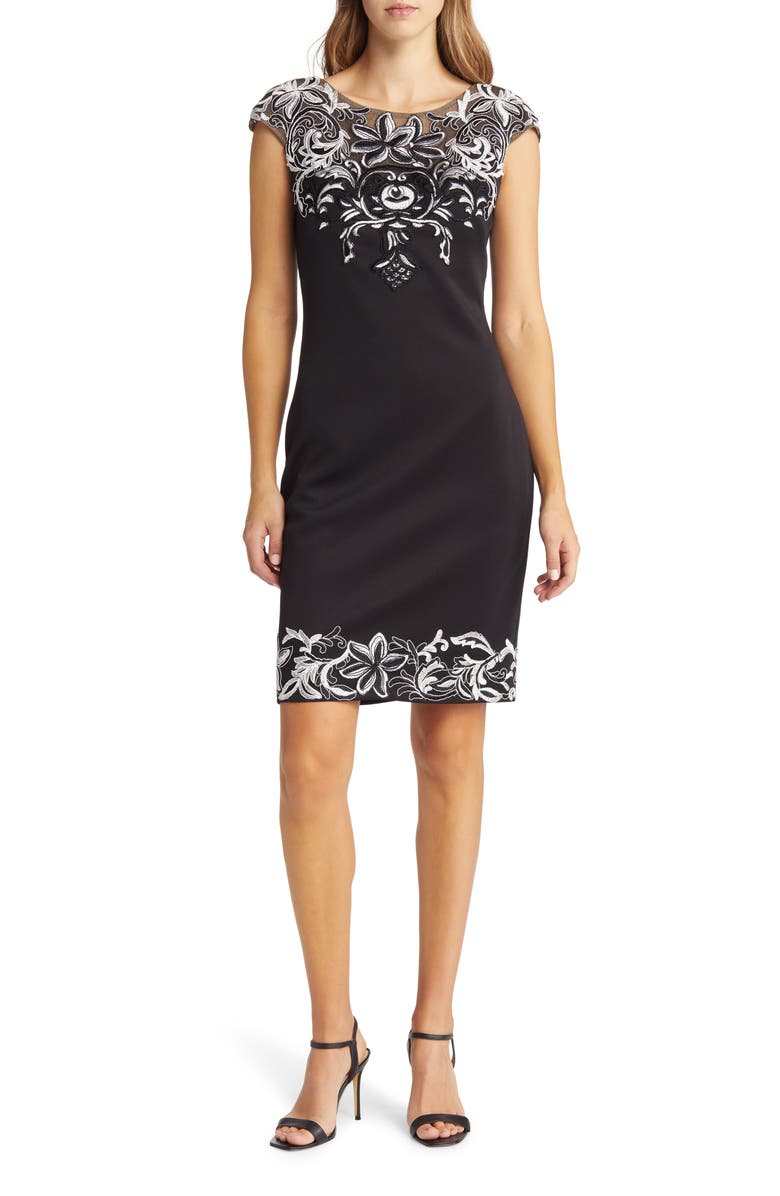 Xscape Evenings Xscape Embroidered Appliqué Scuba Crepe Cocktail Dress, Main, color, 
