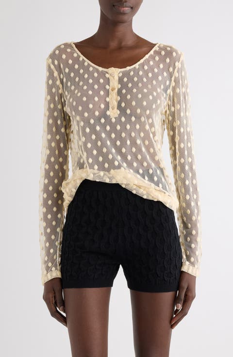 Embroidered Polka Dot Mesh Henley