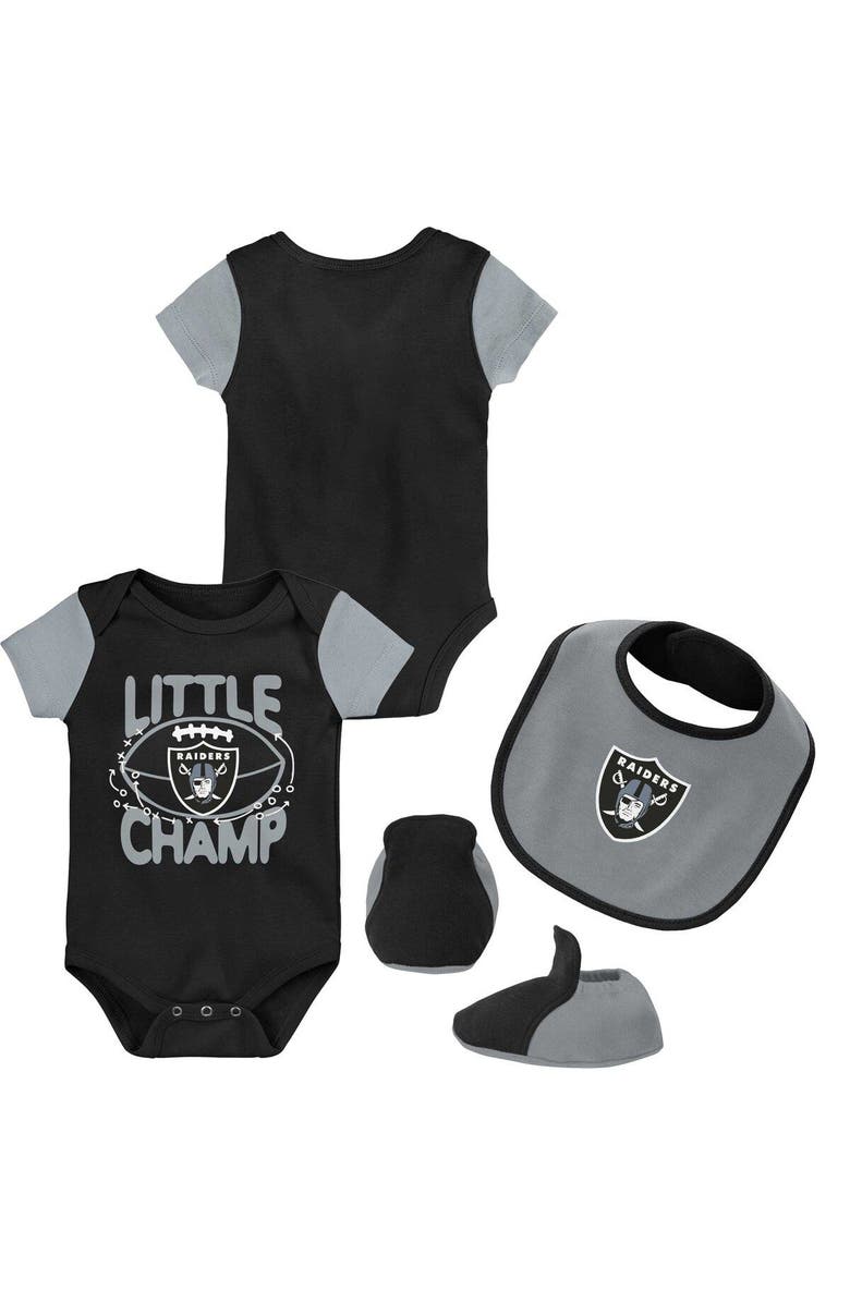 Outerstuff Newborn & Infant Black/Silver Las Vegas Raiders Little Champ Three-Piece Bodysuit Bib & Booties Set, Main, color,