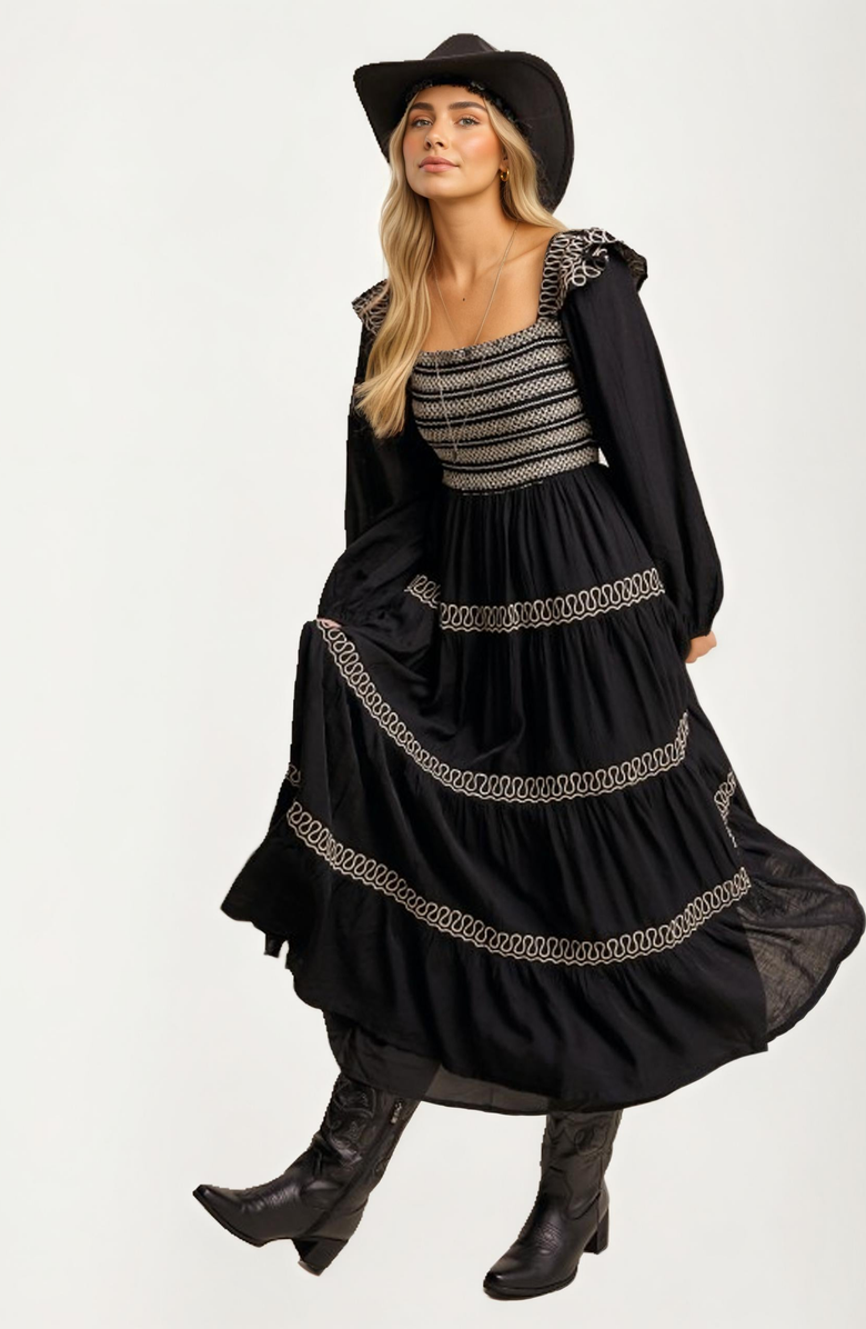 Knit and Lounge Smocked Bodice Tiered Maxi Dress with Embroidered Trim, Alternate, color, Black