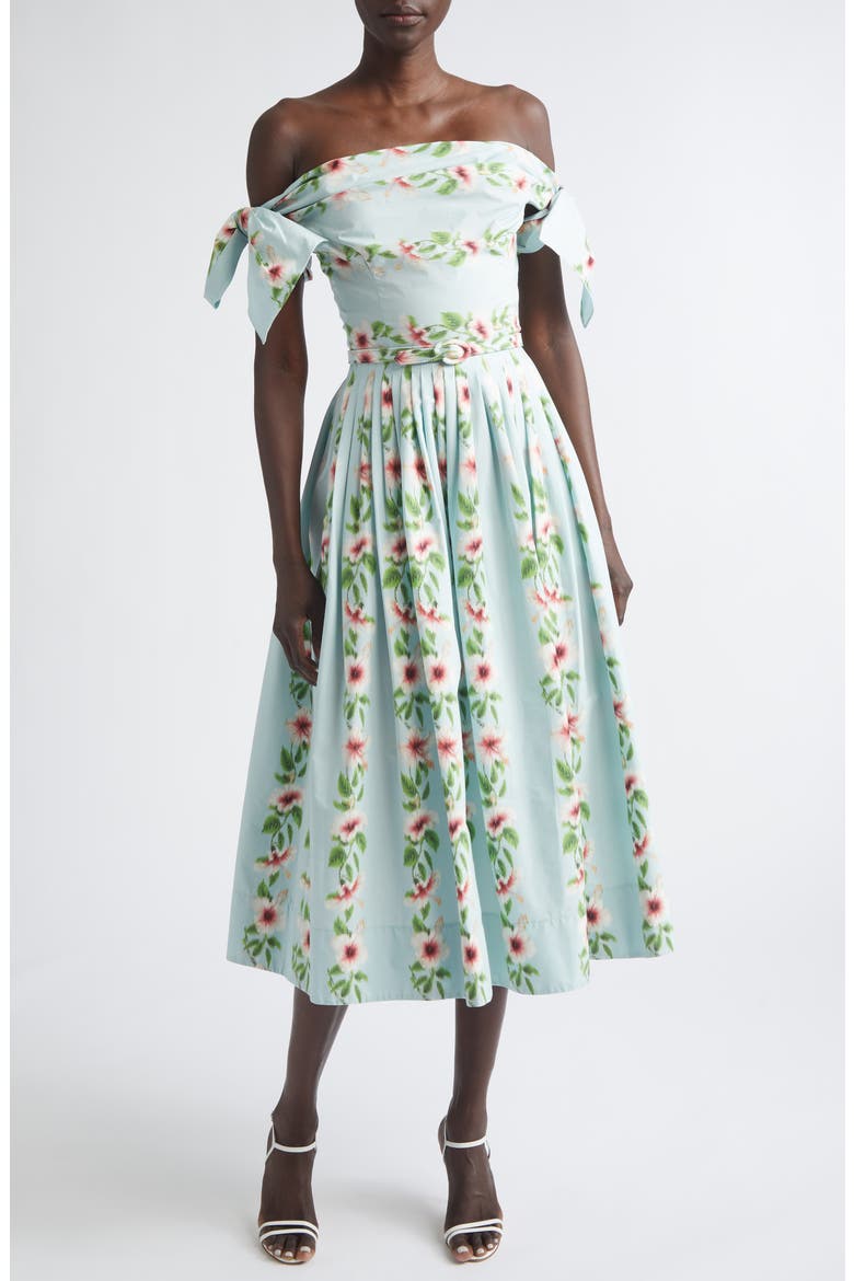 Hibiscus Stripes Cotton Stretch Poplin Midi Dress, Main, color, SALTWATER