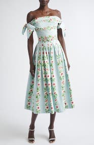 Oscar de la Renta Hibiscus Stripes Cotton Stretch Poplin Midi Dress