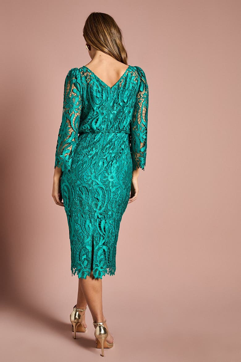 Satin Lace Boat Neck Midi Dress, Alternate, color, Emerald