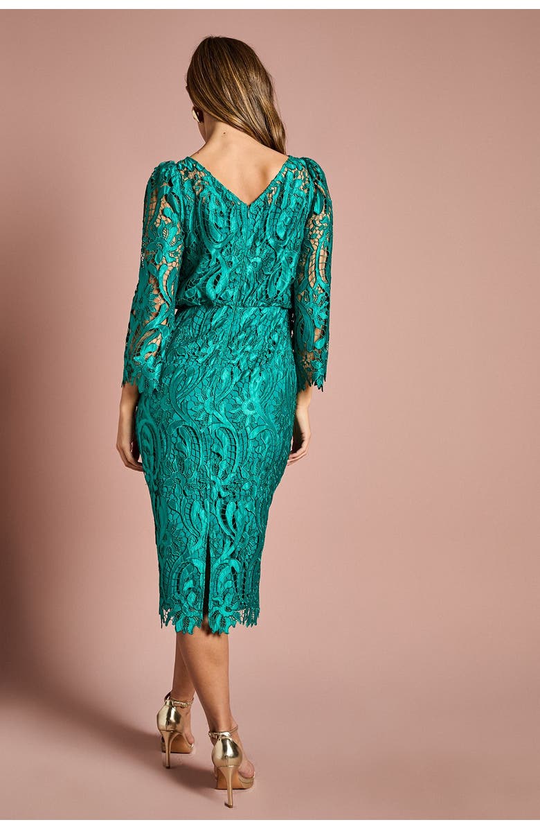 Coast Satin Lace Boat Neck Midi Dress, Alternate, color, Emerald