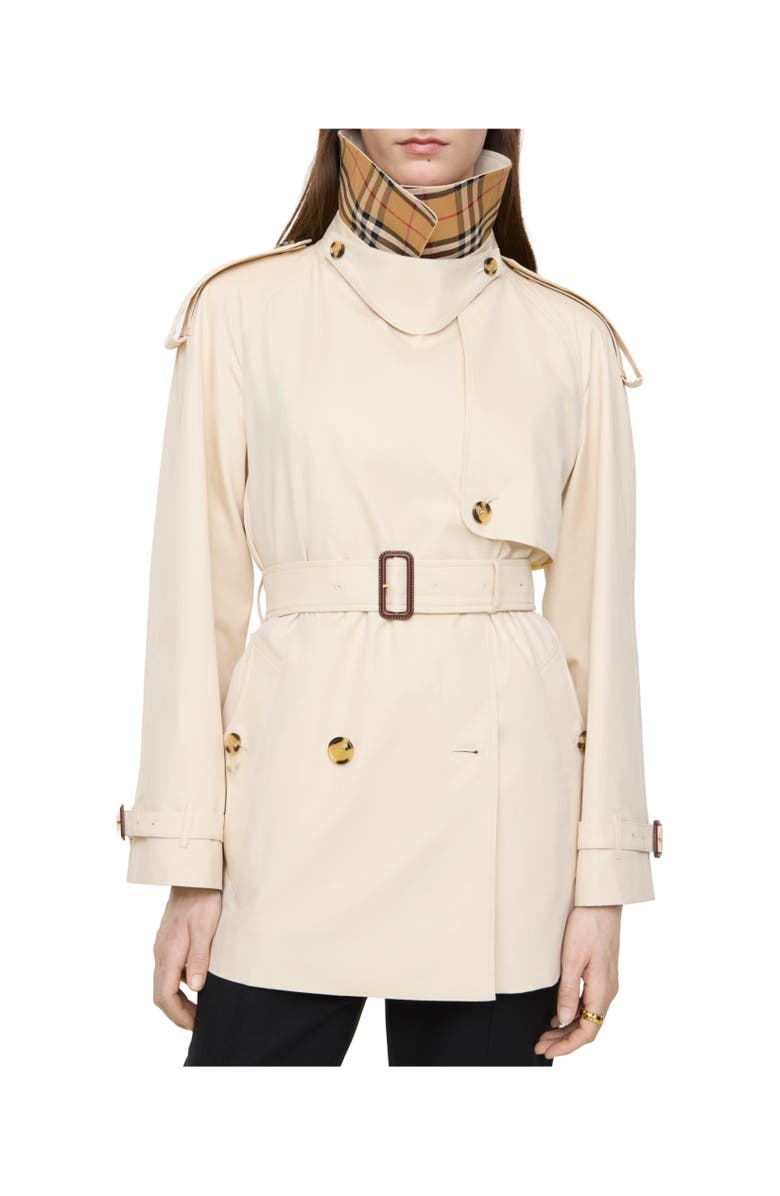Burberry Short Tropical Gabardine Fitzrovia Trench Coat, Alternate, color, Stone Beige