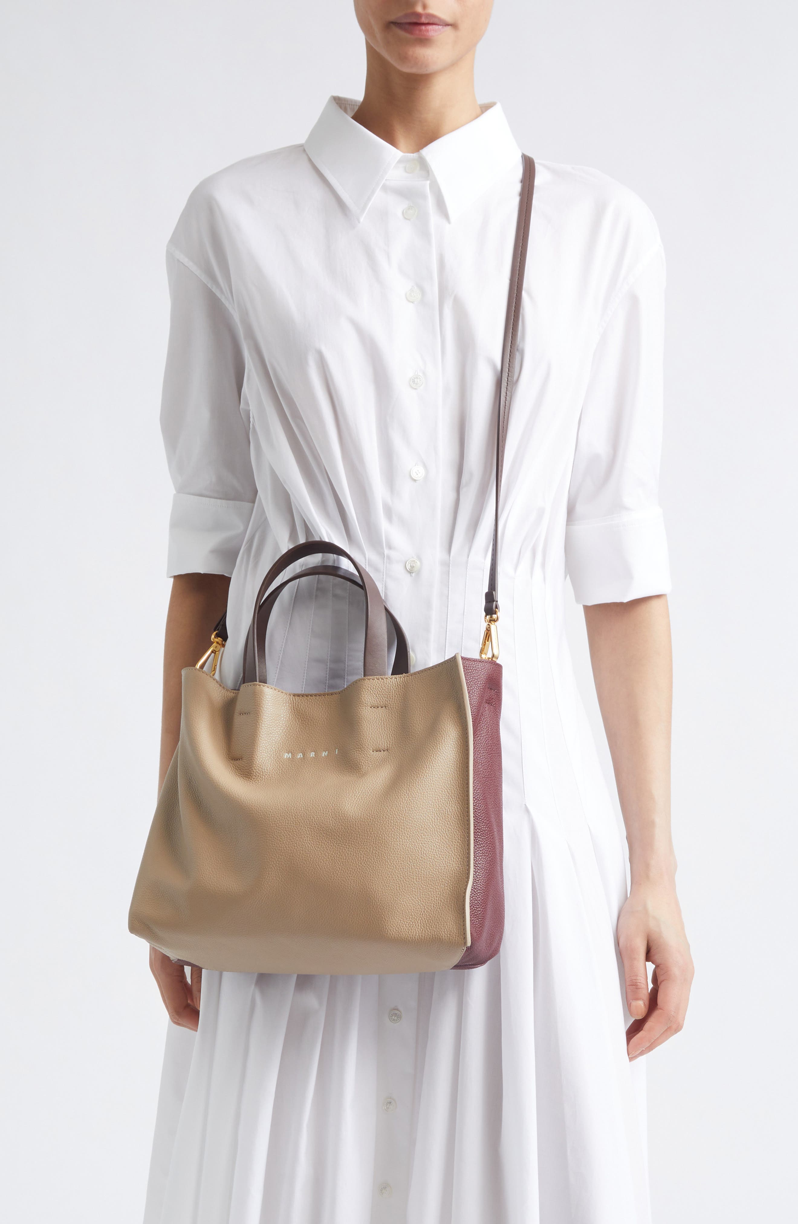 Marni Museo Soft Colorblock Leather East/West Tote, Alternate, color, Moon/ Burgundy/ Coffee