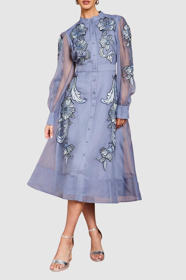 Embroidered Sheer Sleeve Midi Dress, Alternate, color, Blue