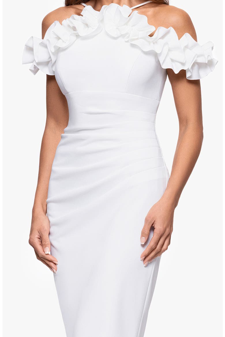 Ruffle Off the Shoulder Scuba Crepe Sheath Dress, Alternate, color, IVORY
